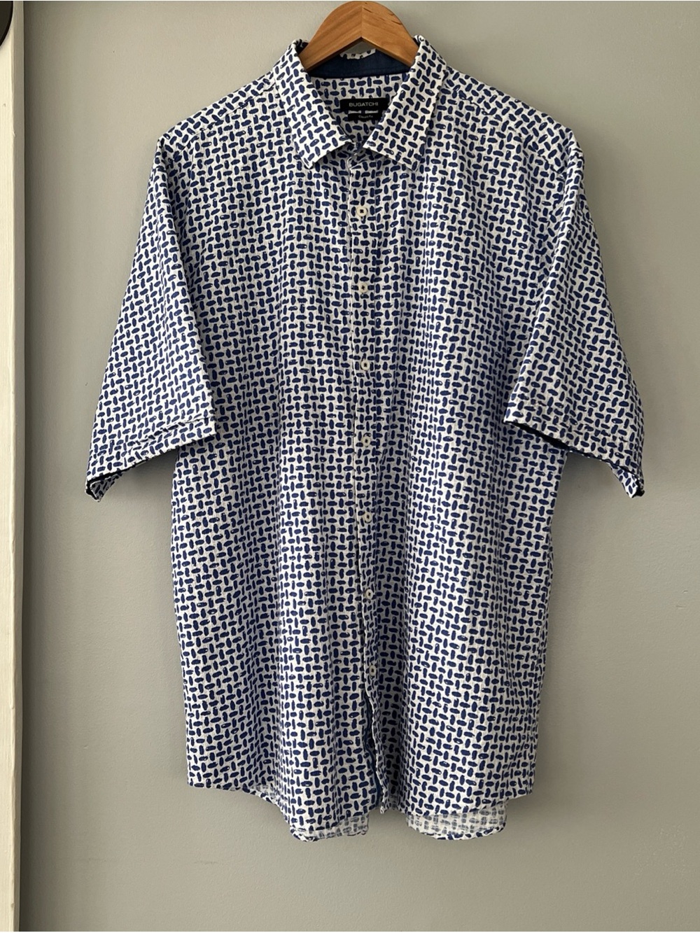 Bugatchi Geometric Print Short Sleeve Shirt Men Classic Fit Blue White Big&Tall